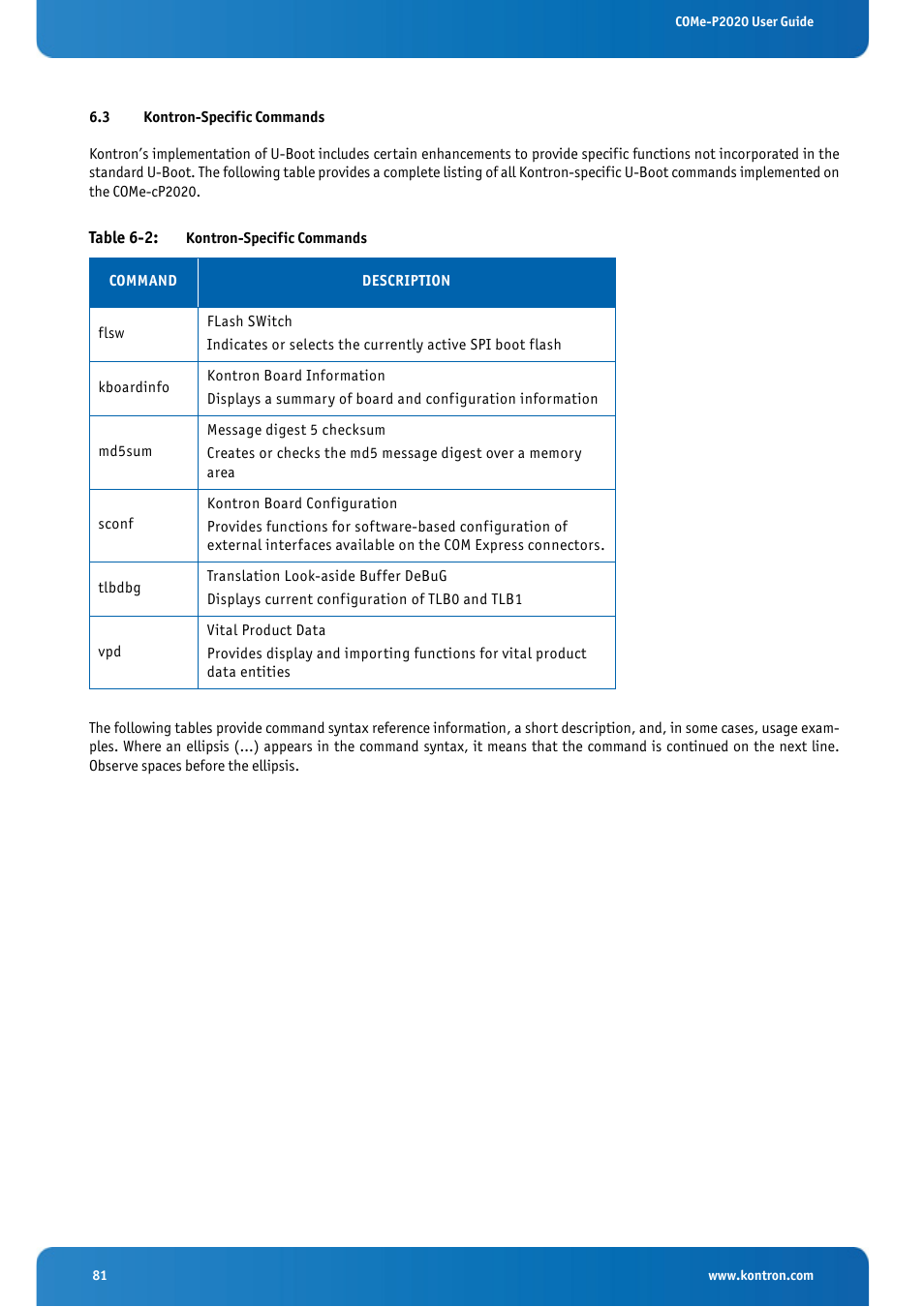 3 kontron-specific commands, Kontron-specific commands, Table 6-2: kontron-specific commands | Kontron COMe-cP2020 User Manual | Page 81 / 106