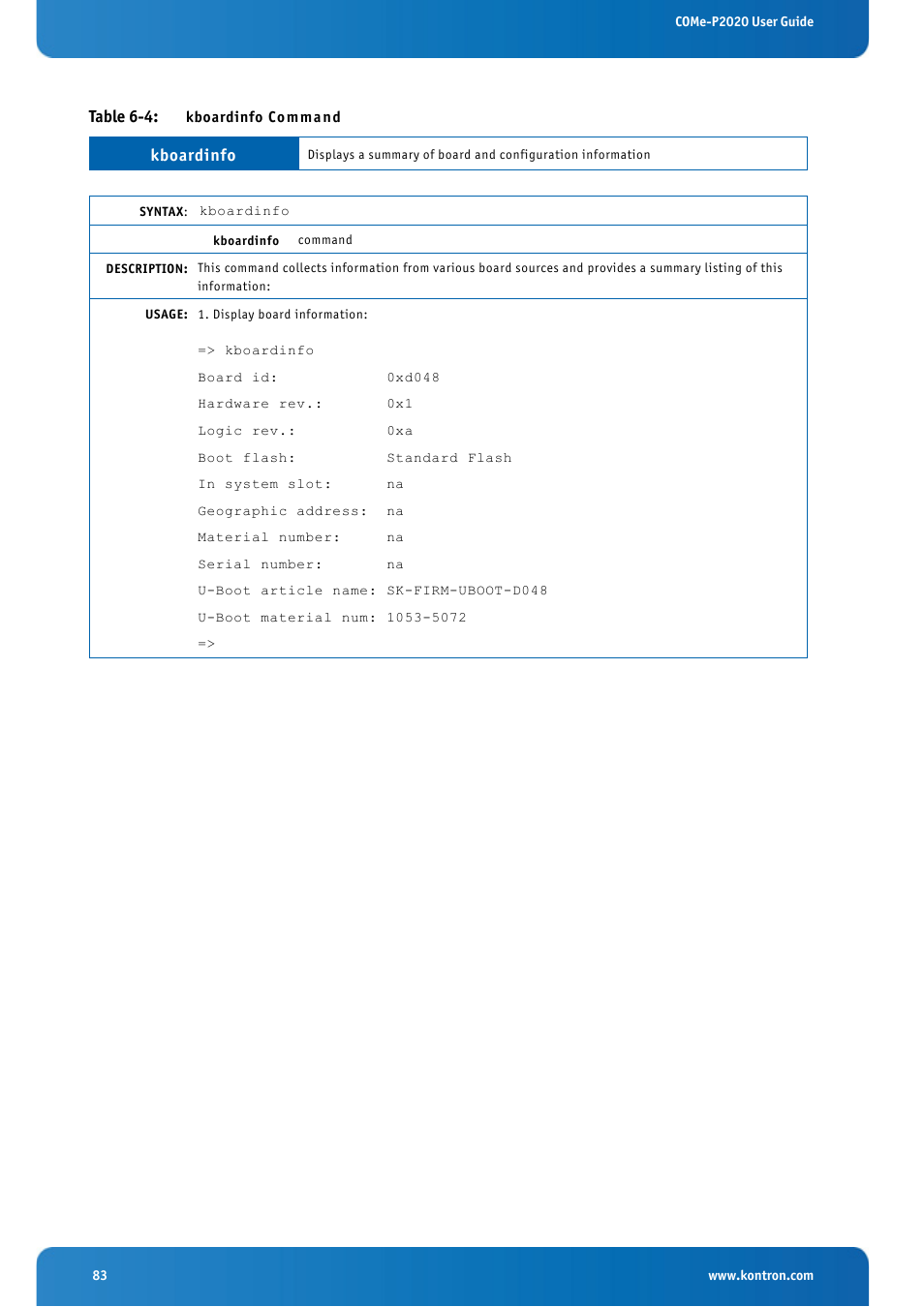 Table 6-4: kboardinfo command | Kontron COMe-cP2020 User Manual | Page 83 / 106