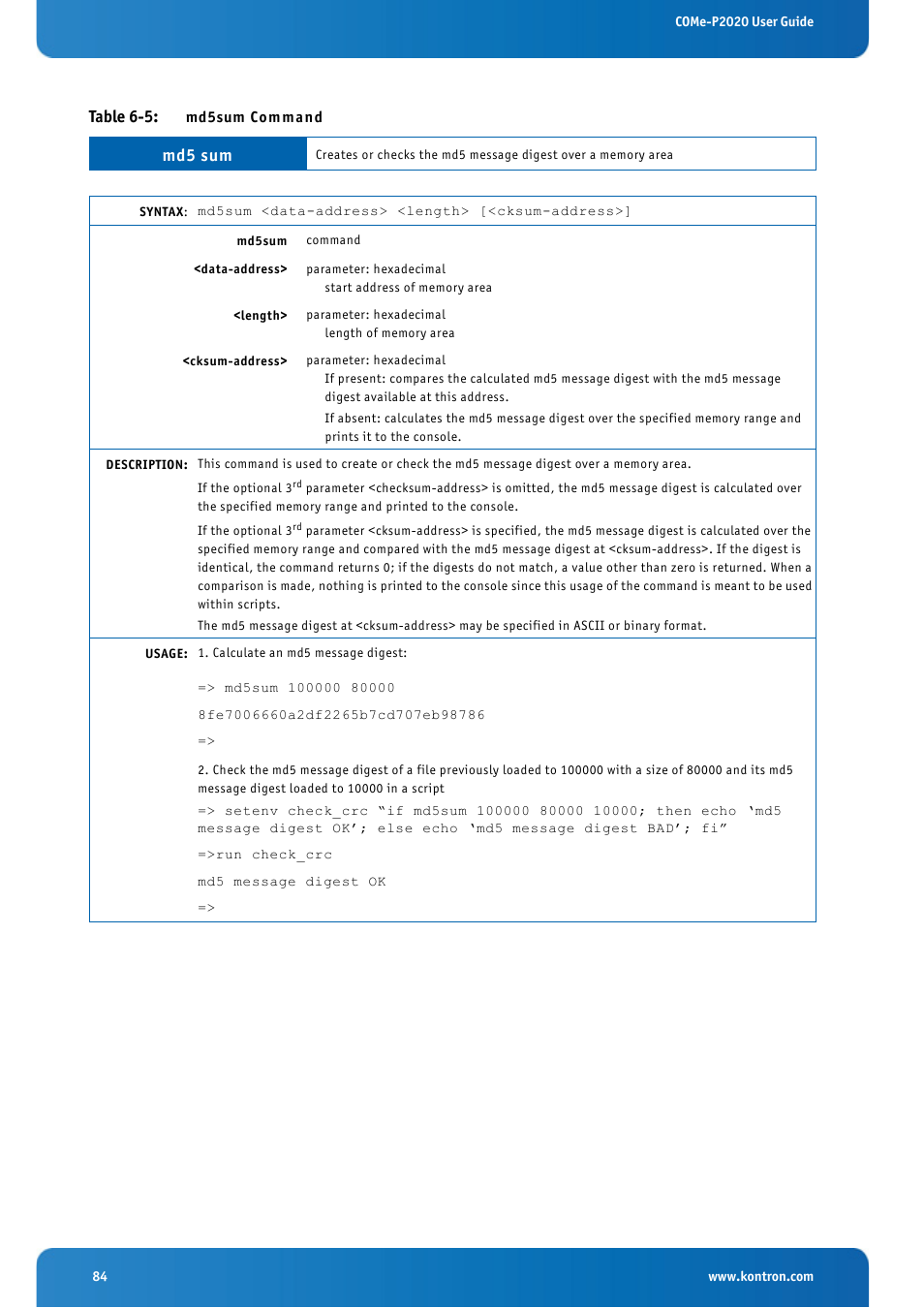 Table 6-5: md5sum command | Kontron COMe-cP2020 User Manual | Page 84 / 106