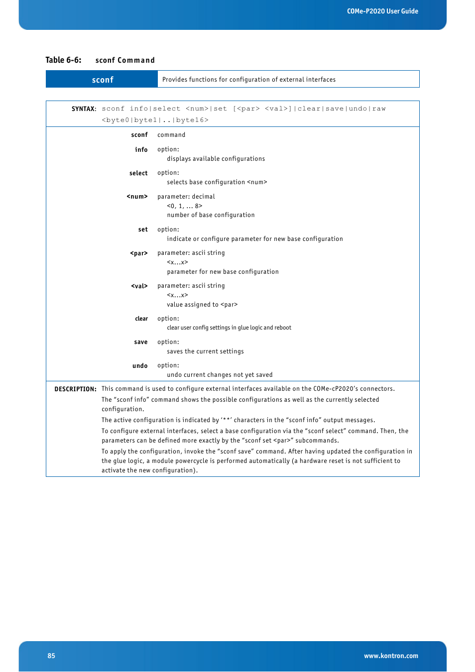 Table 6-6: sconf command, Table 6-6, Sconf | Kontron COMe-cP2020 User Manual | Page 85 / 106