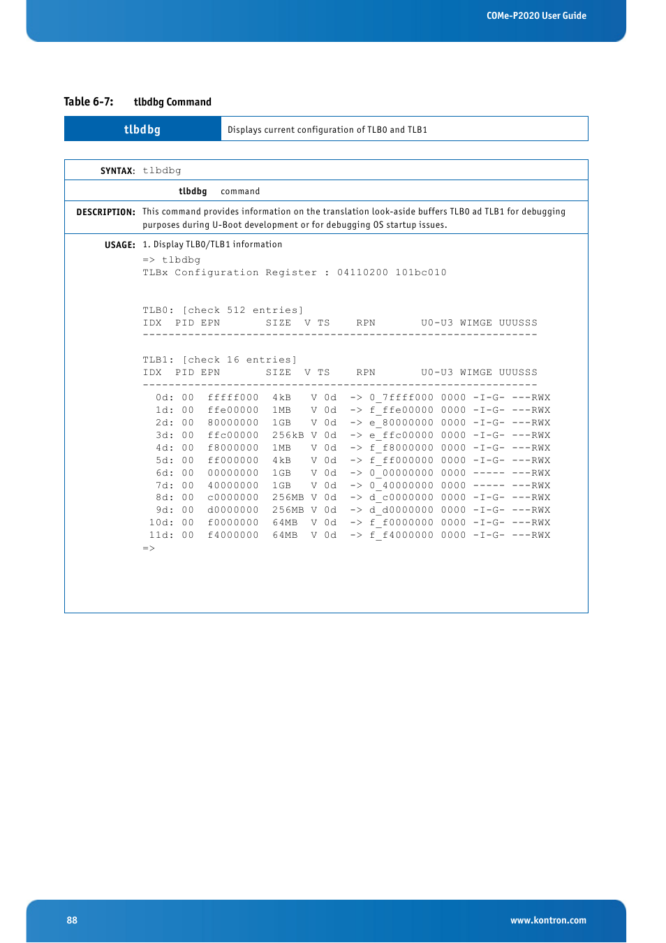 Table 6-7: tlbdbg command | Kontron COMe-cP2020 User Manual | Page 88 / 106