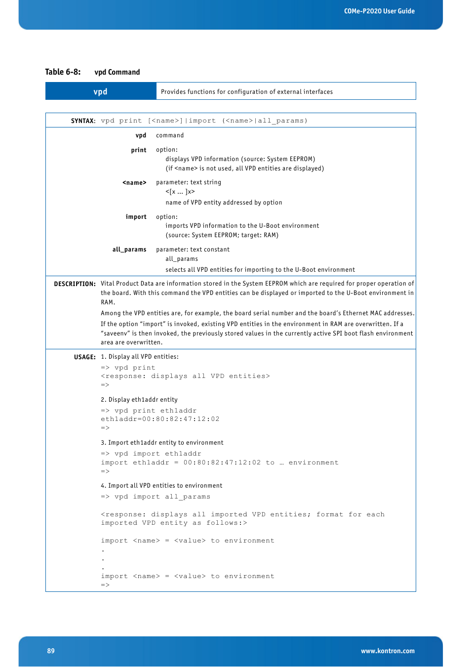 Table 6-8: vpd command | Kontron COMe-cP2020 User Manual | Page 89 / 106