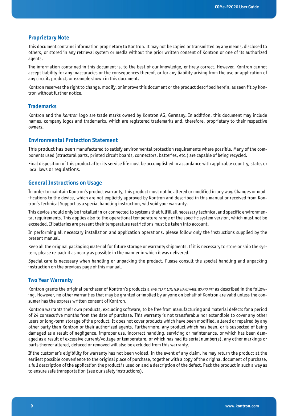 Proprietary note, Trademarks, Environmental protection statement | General instructions on usage, Two year warranty | Kontron COMe-cP2020 User Manual | Page 9 / 106