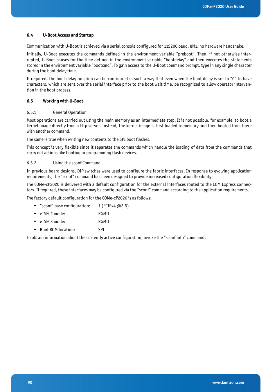 4 u-boot access and startup, 5 working with u-boot, U-boot access and startup | Working with u-boot, 1 general operation 6.5.2 using the sconf command | Kontron COMe-cP2020 User Manual | Page 90 / 106