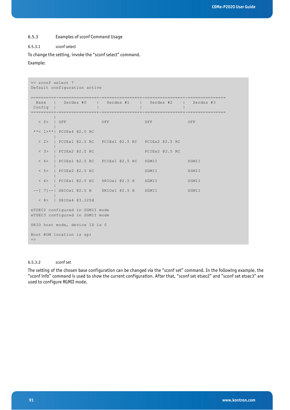 3 examples of sconf command usage | Kontron COMe-cP2020 User Manual | Page 91 / 106