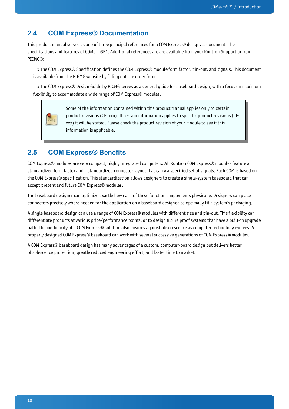 4 com express® documentation, 5 com express® benefits, Com express® documentation | Com express® benefits | Kontron COMe-mSP1 User Manual | Page 10 / 97