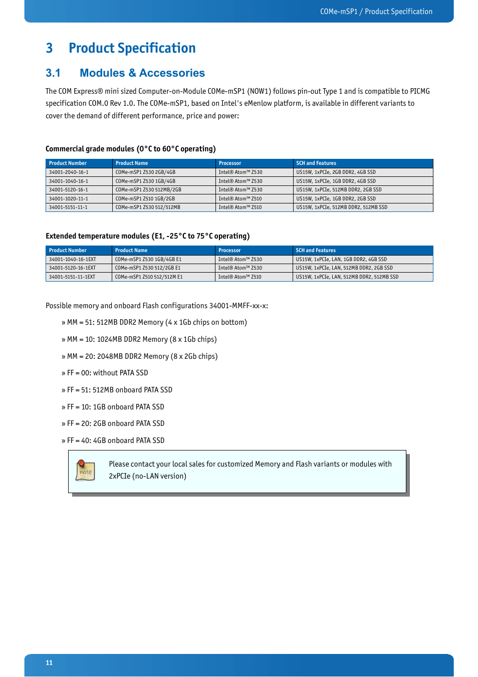 3 product specification, 1 modules & accessories, Product specification | Modules & accessories | Kontron COMe-mSP1 User Manual | Page 11 / 97