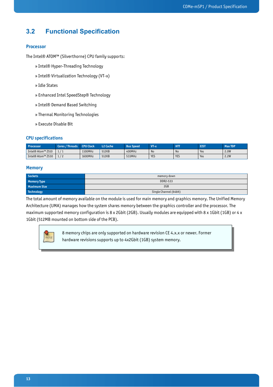 2 functional specification, Processor, Cpu specifications | Memory, Functional specification | Kontron COMe-mSP1 User Manual | Page 13 / 97