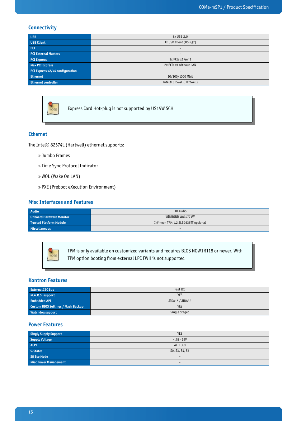 Connectivity, Ethernet, Misc interfaces and features | Kontron features, Power features, Come-msp1 / product specification | Kontron COMe-mSP1 User Manual | Page 15 / 97