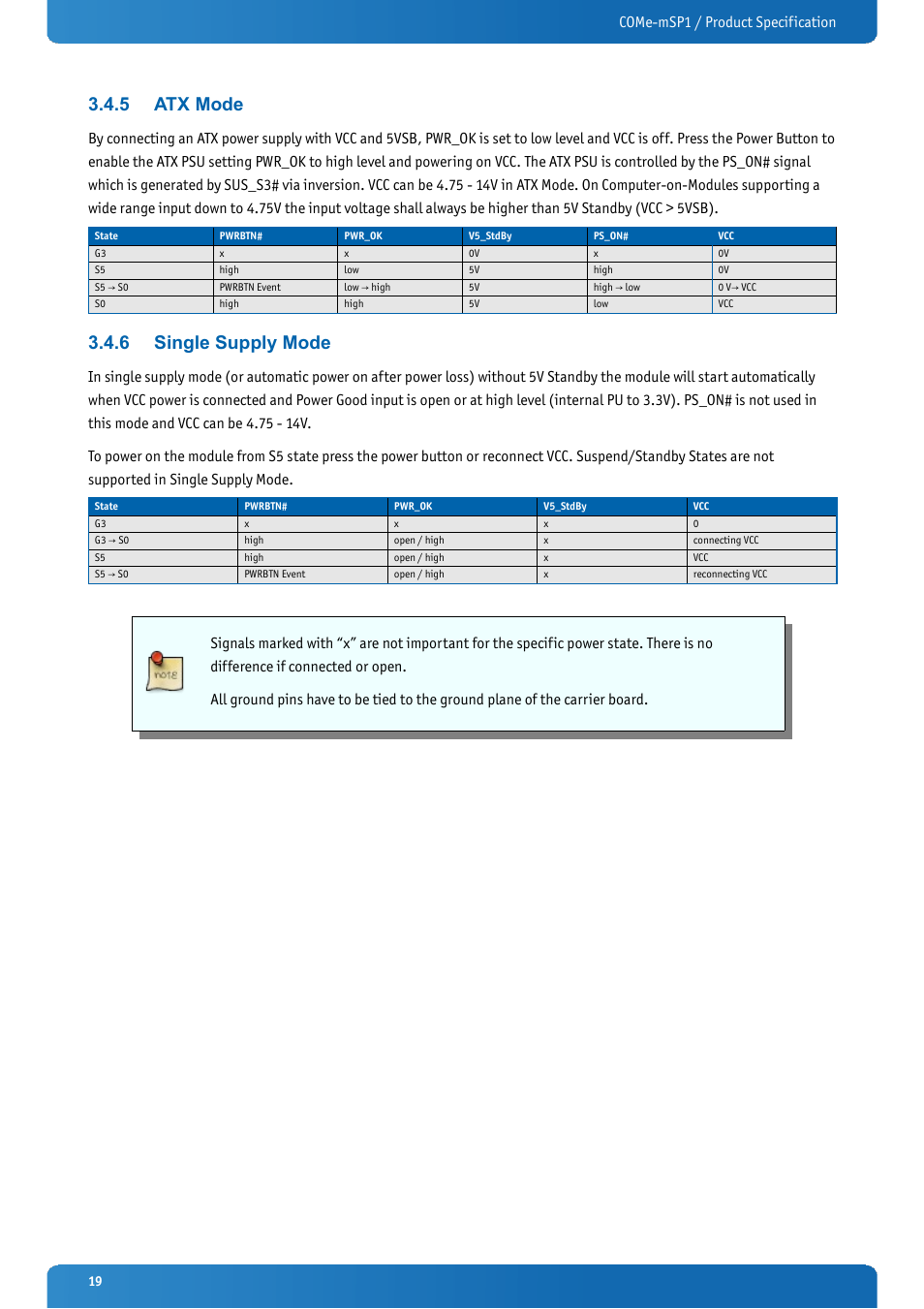 5 atx mode, 6 single supply mode, Atx mode | Single supply mode, Come-msp1 / product specification | Kontron COMe-mSP1 User Manual | Page 19 / 97