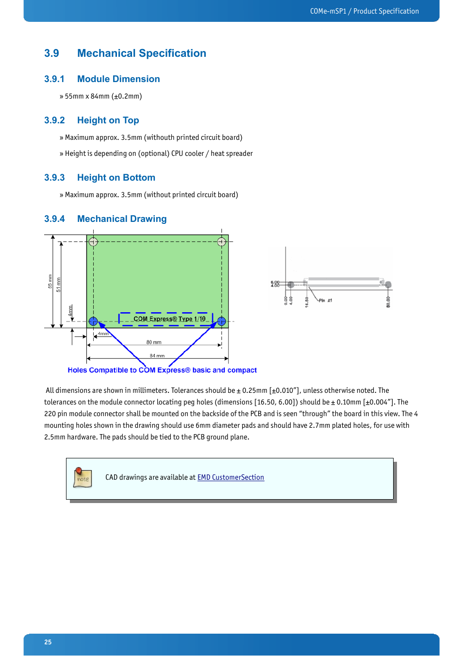 9 mechanical specification, 1 module dimension, 2 height on top | 3 height on bottom, 4 mechanical drawing, Mechanical specification, Module dimension, Height on top, Height on bottom, Mechanical drawing | Kontron COMe-mSP1 User Manual | Page 25 / 97