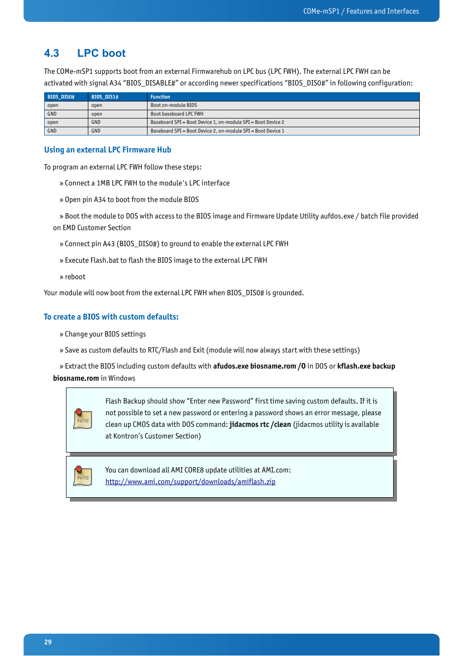 3 lpc boot, Using an external lpc firmware hub, To create a bios with custom defaults | Lpc boot | Kontron COMe-mSP1 User Manual | Page 29 / 97