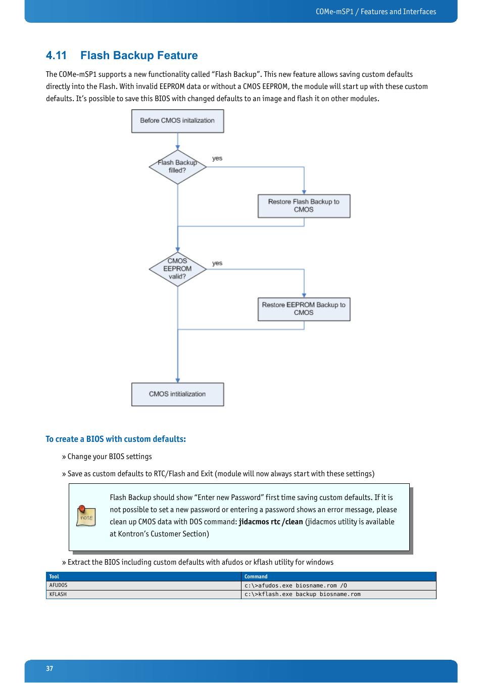 11 flash backup feature, To create a bios with custom defaults, Flash backup feature | Kontron COMe-mSP1 User Manual | Page 37 / 97