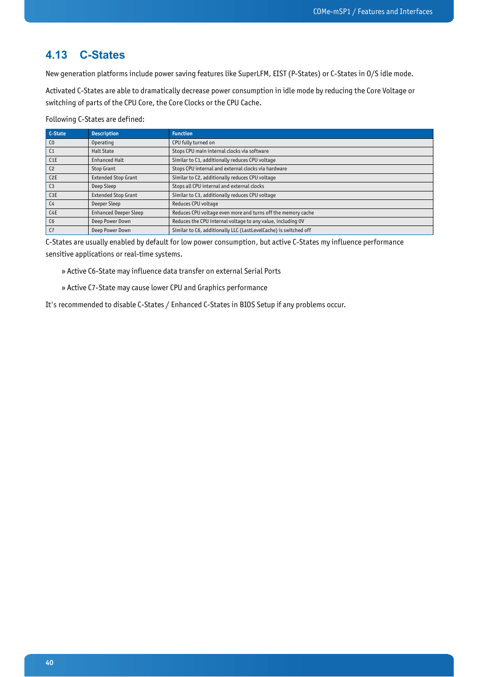 13 c-states, C-states, Come-msp1 / features and interfaces | Kontron COMe-mSP1 User Manual | Page 40 / 97