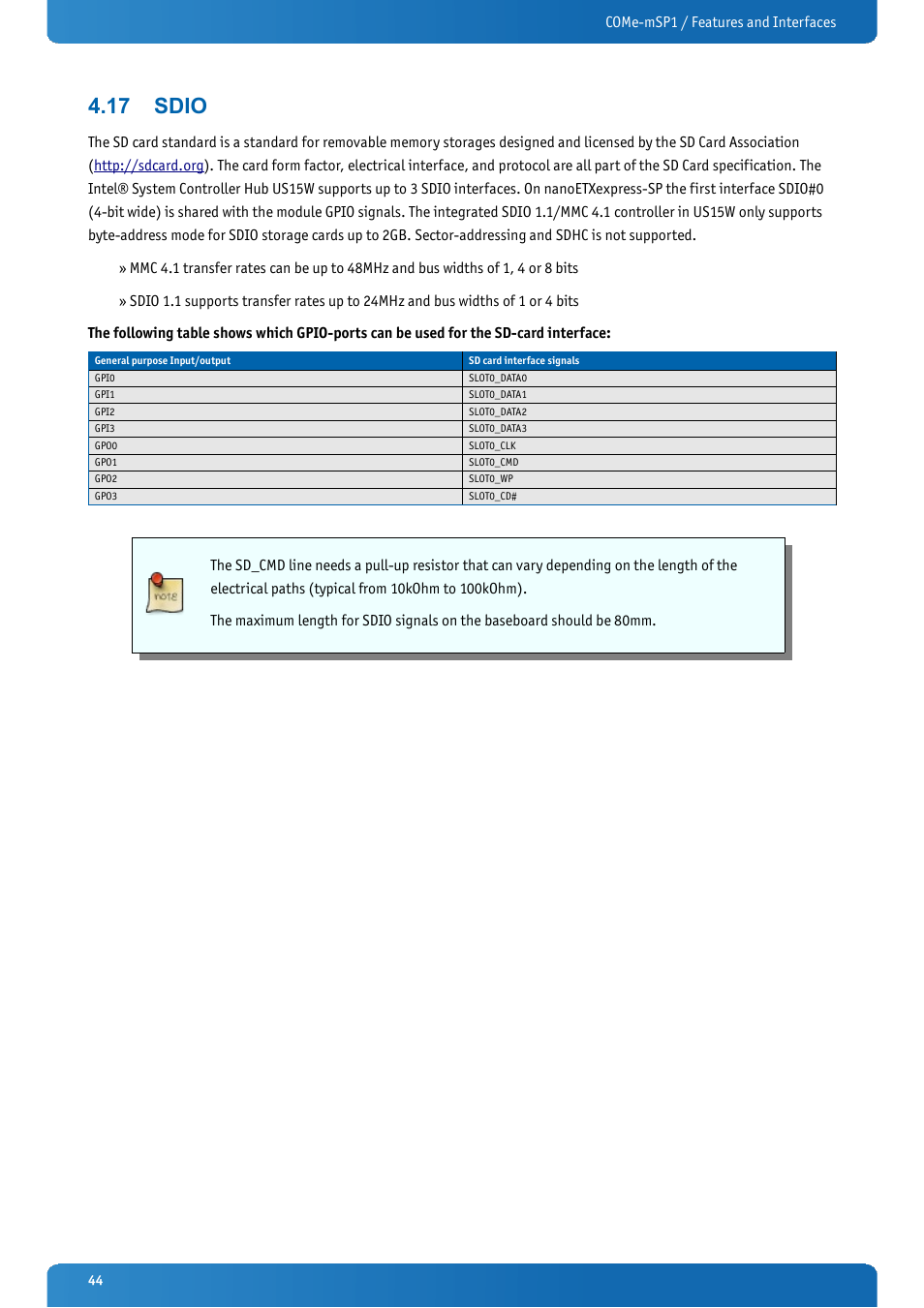 17 sdio, Sdio | Kontron COMe-mSP1 User Manual | Page 44 / 97