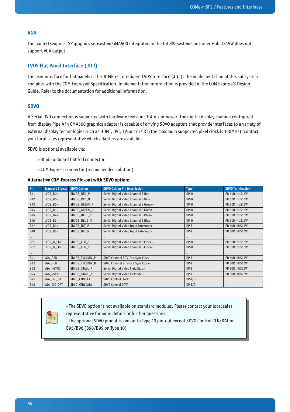 Lvds flat panel interface (jili), Sdvo, Come-msp1 / features and interfaces | Kontron COMe-mSP1 User Manual | Page 46 / 97