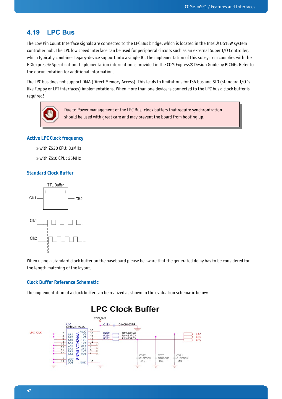 19 lpc bus, Active lpc clock frequency, Standard clock buffer | Clock buffer reference schematic, Lpc bus | Kontron COMe-mSP1 User Manual | Page 47 / 97