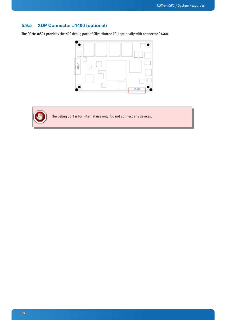 5 xdp connector j1400 (optional), Xdp connector j1400 (optional) | Kontron COMe-mSP1 User Manual | Page 59 / 97