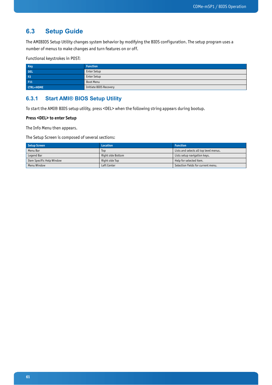 3 setup guide, 1 start ami® bios setup utility, Setup guide | Start ami® bios setup utility | Kontron COMe-mSP1 User Manual | Page 61 / 97