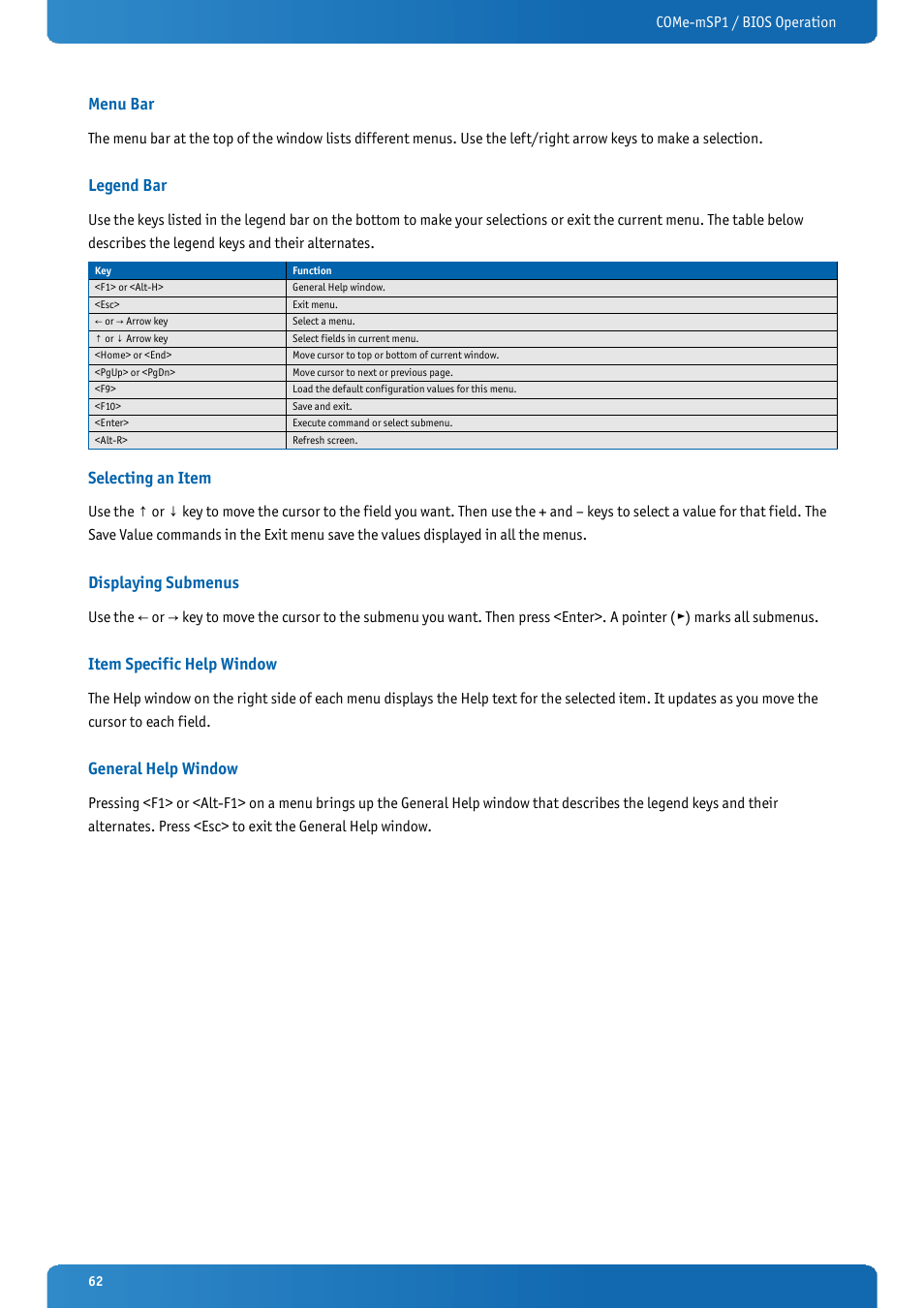 Menu bar, Legend bar, Selecting an item | Displaying submenus, Item specific help window, General help window | Kontron COMe-mSP1 User Manual | Page 62 / 97