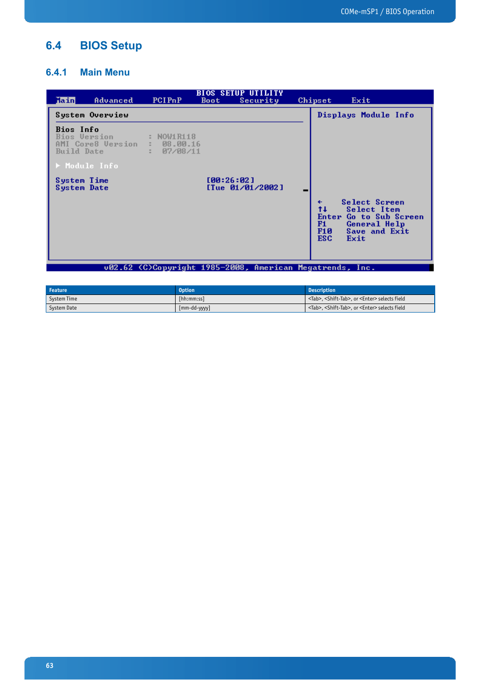 4 bios setup, 1 main menu, Bios setup | Main menu | Kontron COMe-mSP1 User Manual | Page 63 / 97