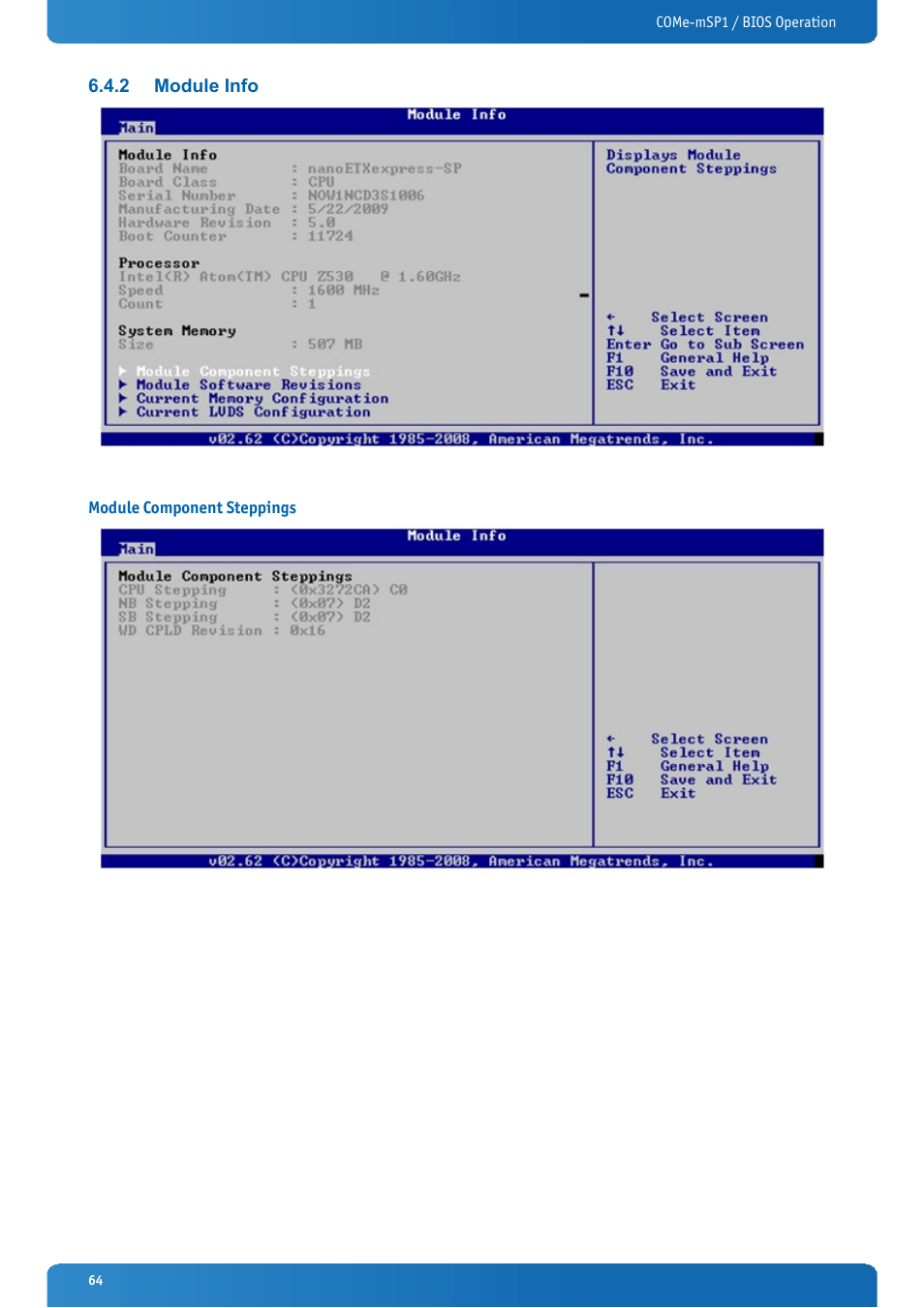 2 module info, Module component steppings, Module info | Kontron COMe-mSP1 User Manual | Page 64 / 97