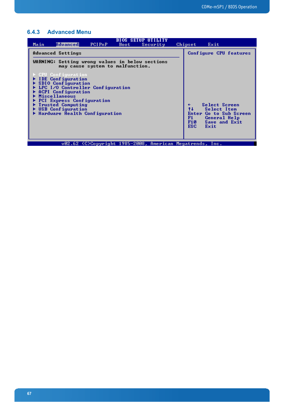 3 advanced menu, Advanced menu | Kontron COMe-mSP1 User Manual | Page 67 / 97