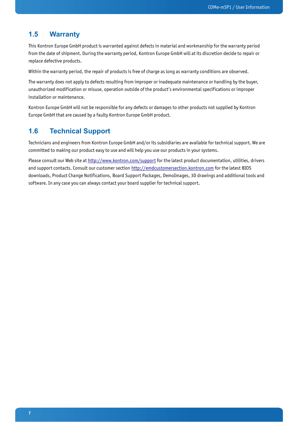 5 warranty, 6 technical support, Warranty | Technical support | Kontron COMe-mSP1 User Manual | Page 7 / 97