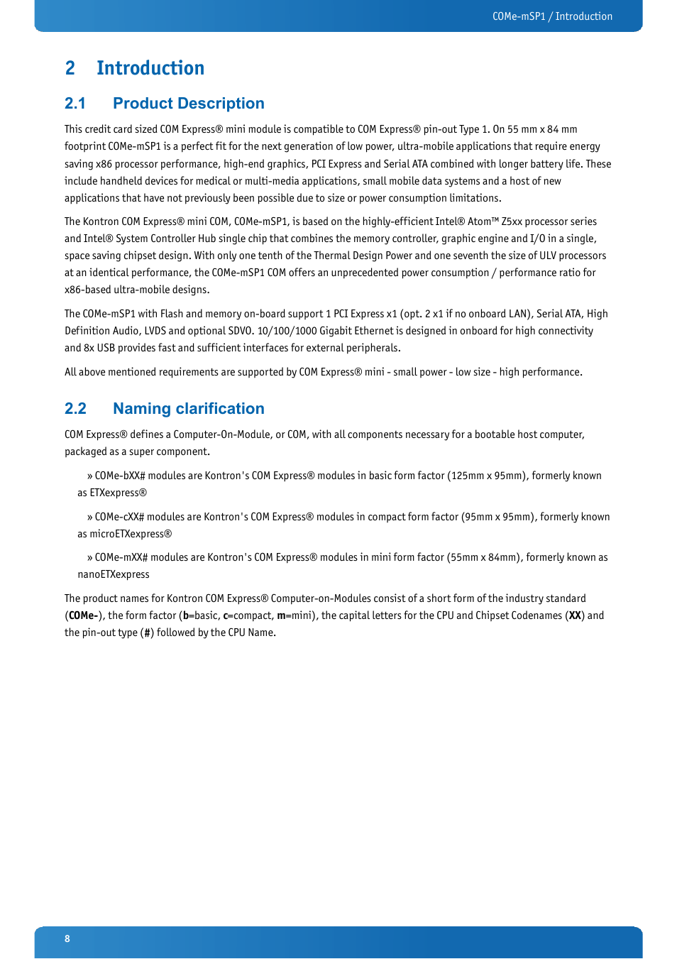 2 introduction, 1 product description, 2 naming clarification | Introduction, Product description, Naming clarification | Kontron COMe-mSP1 User Manual | Page 8 / 97