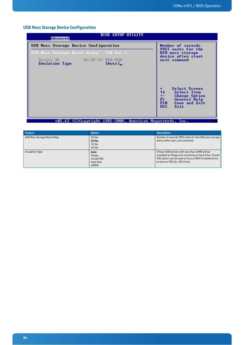 Usb mass storage device configuration, Come-msp1 / bios operation | Kontron COMe-mSP1 User Manual | Page 84 / 97