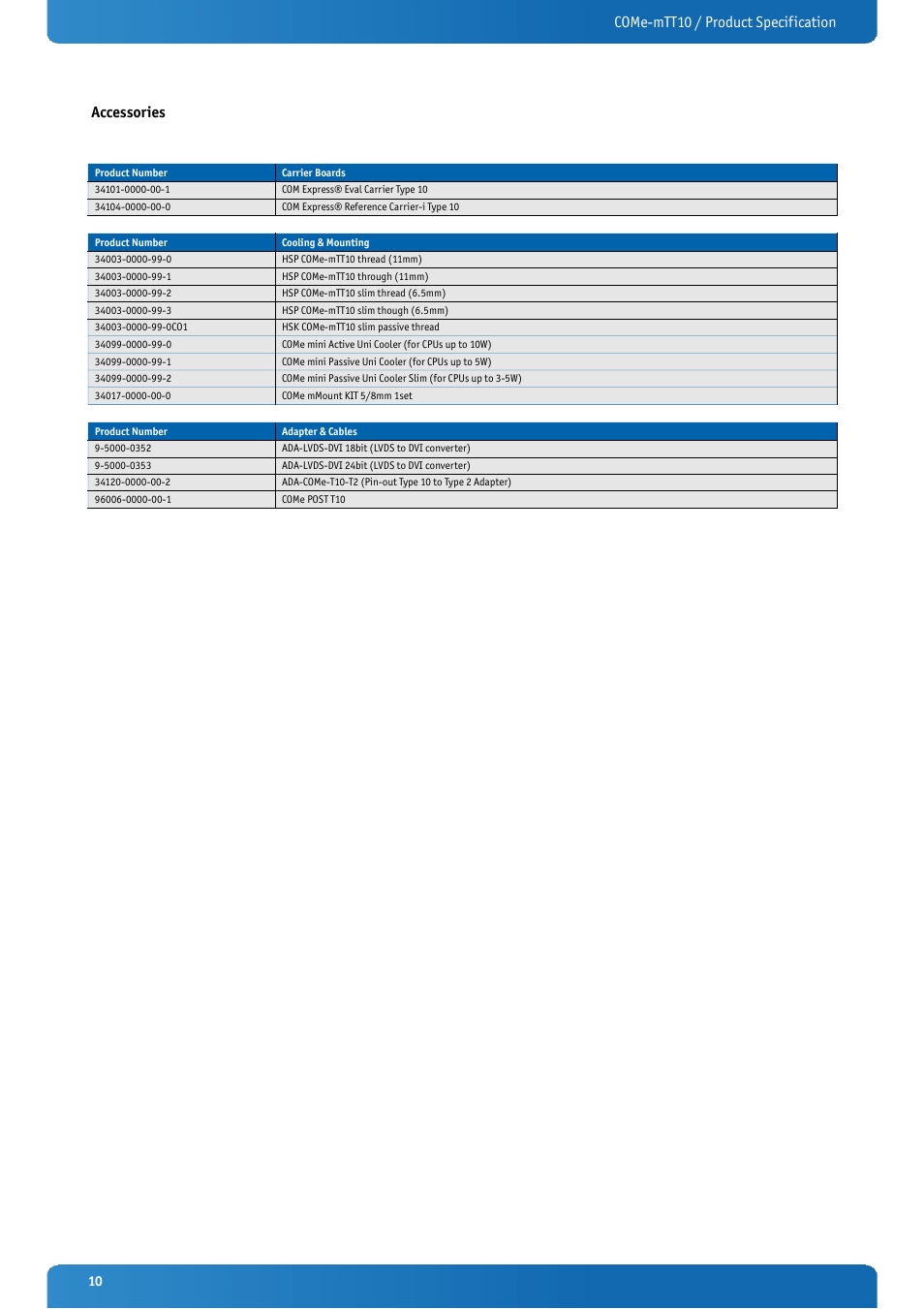 Come-mtt10 / product specification accessories | Kontron COMe-mTT10 User Manual | Page 10 / 94