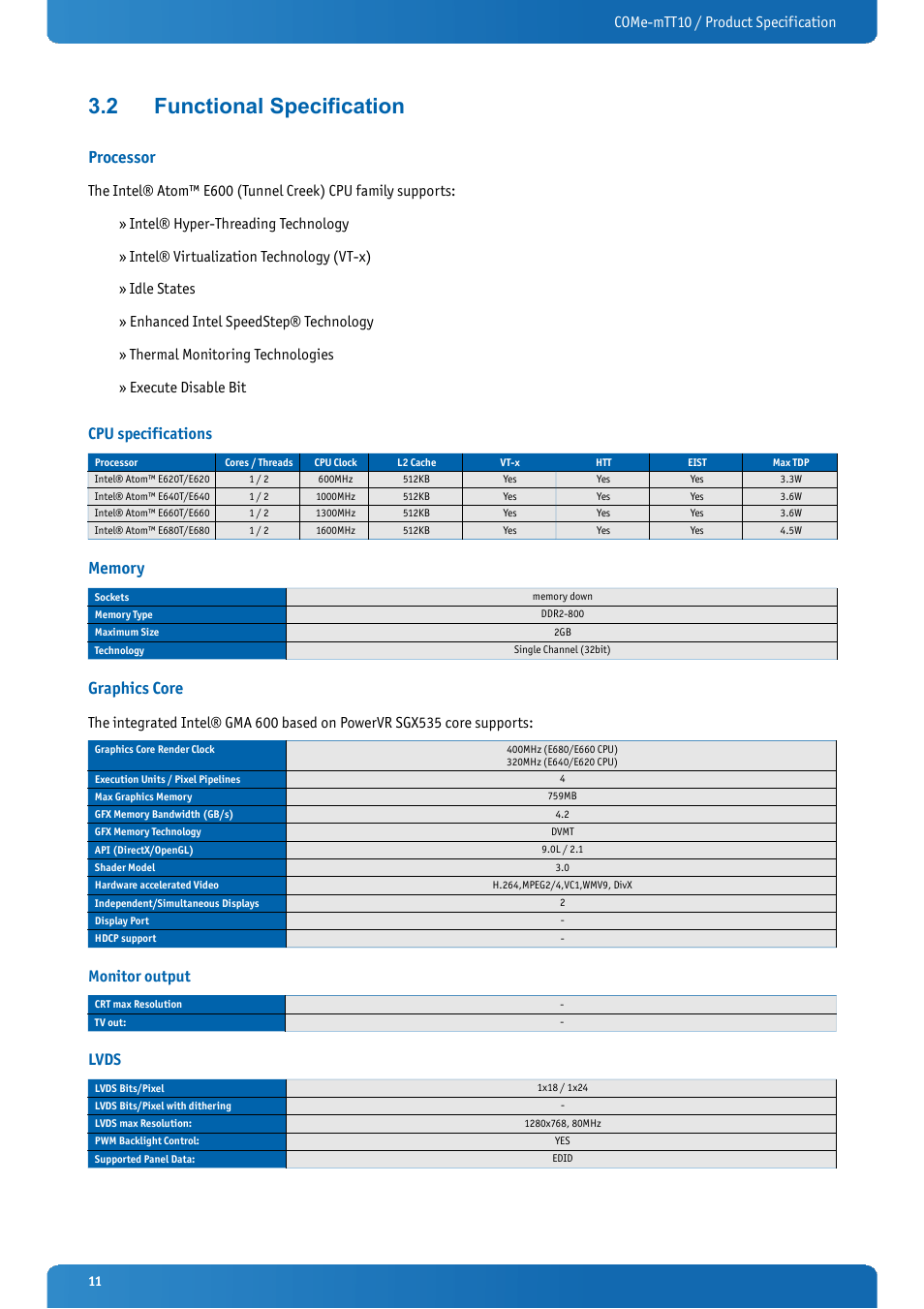 2 functional specification, Processor, Cpu specifications | Memory, Graphics core, Monitor output, Lvds, Functional specification, Come-mtt10 / product specification | Kontron COMe-mTT10 User Manual | Page 11 / 94