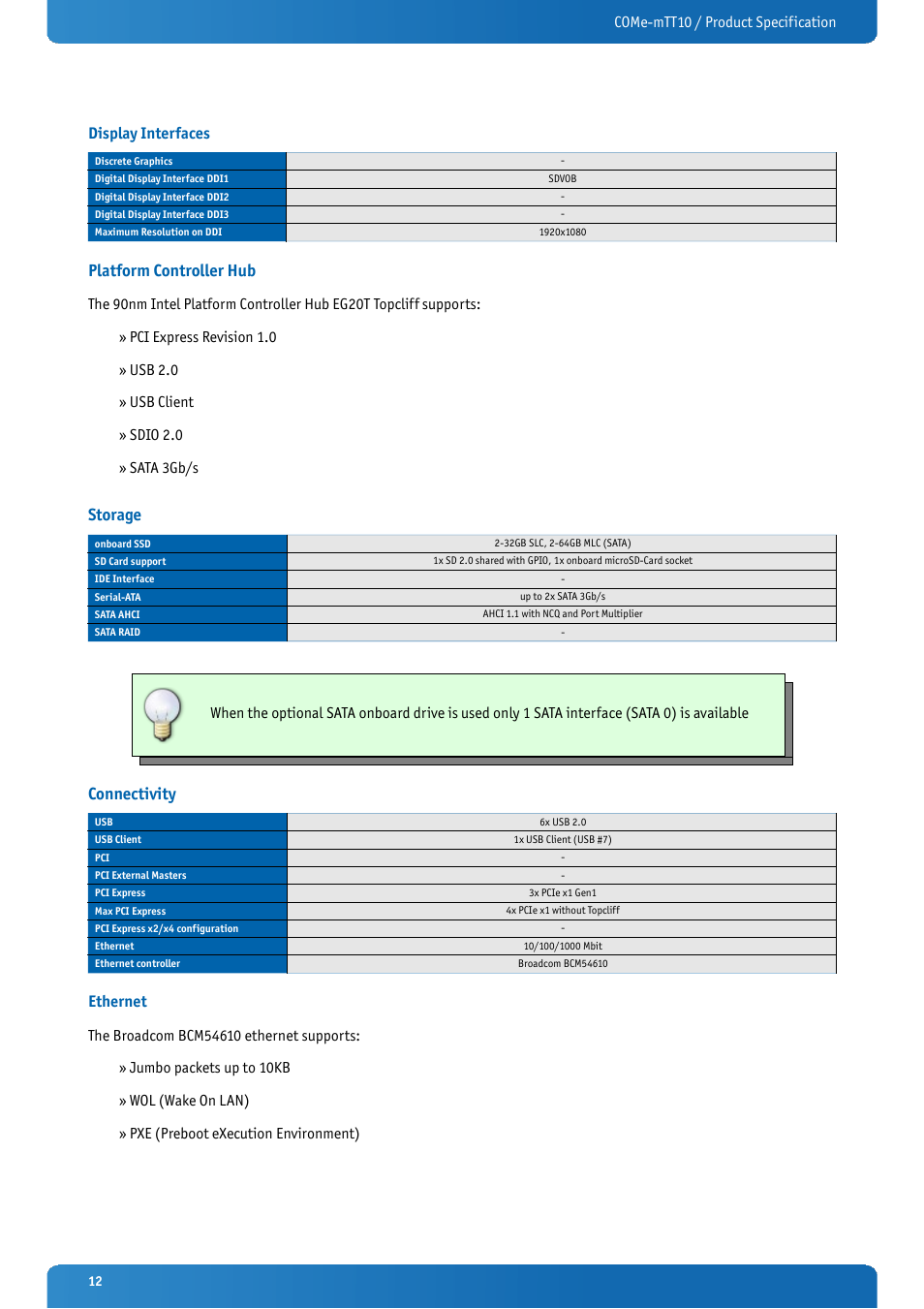 Display interfaces, Platform controller hub, Storage | Connectivity, Ethernet | Kontron COMe-mTT10 User Manual | Page 12 / 94