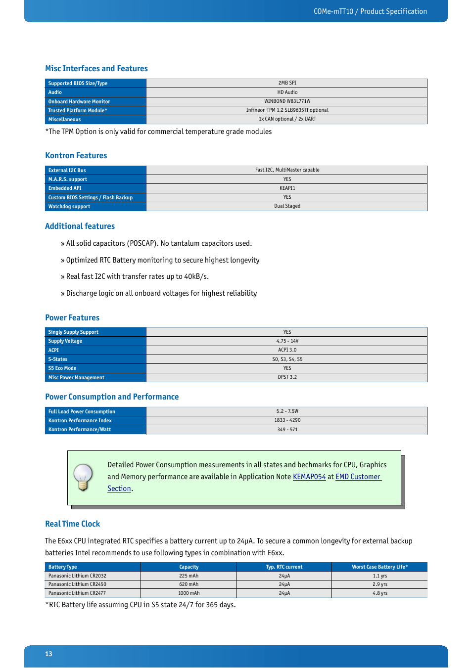 Misc interfaces and features, Kontron features, Additional features | Power features, Power consumption and performance, Real time clock, Come-mtt10 / product specification | Kontron COMe-mTT10 User Manual | Page 13 / 94