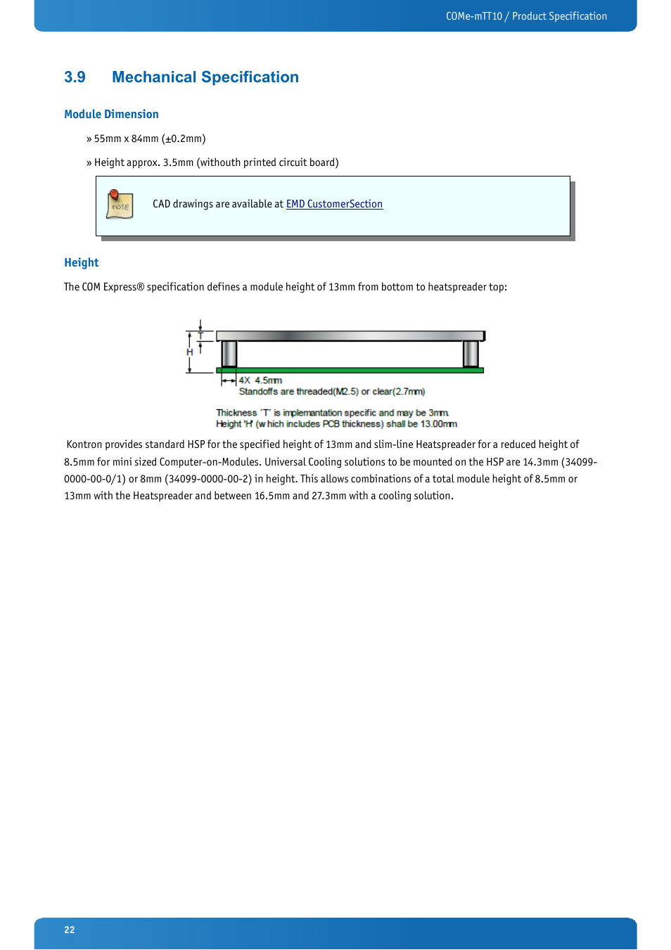 9 mechanical specification, Module dimension, Height | Mechanical specification | Kontron COMe-mTT10 User Manual | Page 22 / 94