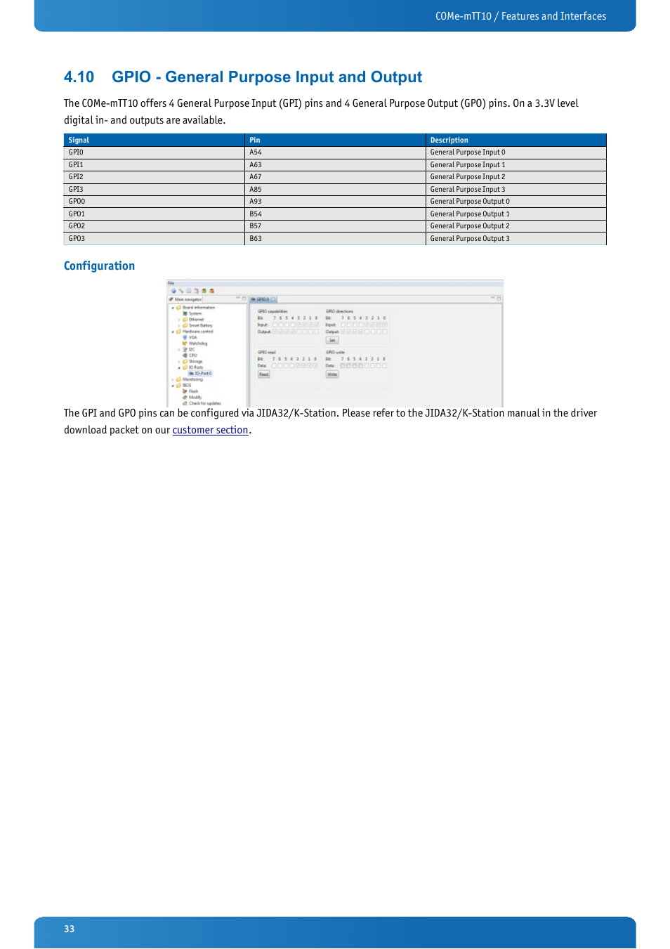 10 gpio - general purpose input and output, Configuration, Gpio - general purpose input and output | Come-mtt10 / features and interfaces | Kontron COMe-mTT10 User Manual | Page 33 / 94