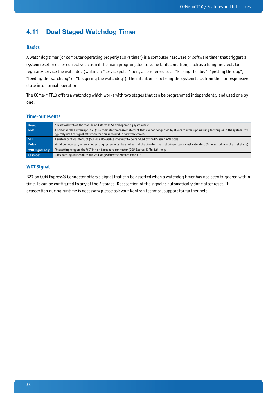 11 dual staged watchdog timer, Basics, Time-out events | Wdt signal, Dual staged watchdog timer | Kontron COMe-mTT10 User Manual | Page 34 / 94