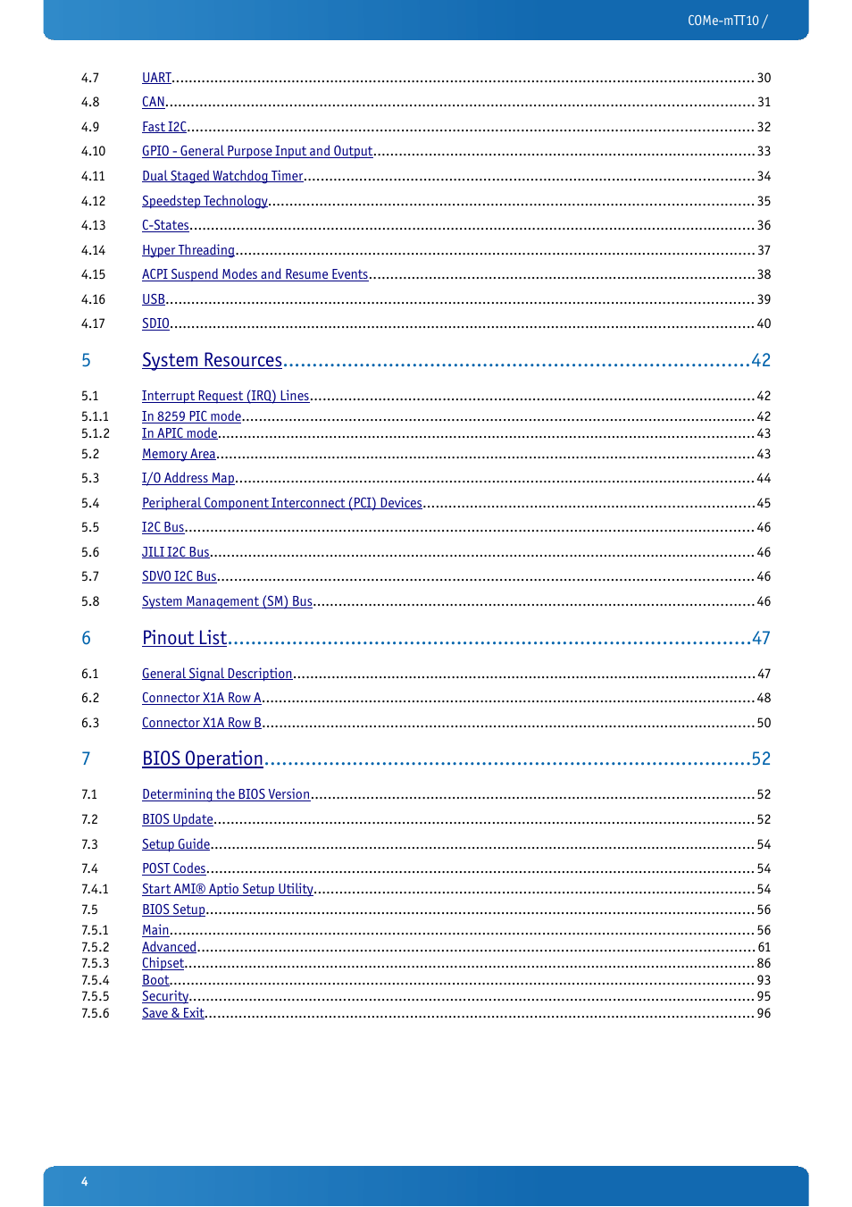 5system resources, 6pinout list, 7bios operation | Kontron COMe-mTT10 User Manual | Page 4 / 94