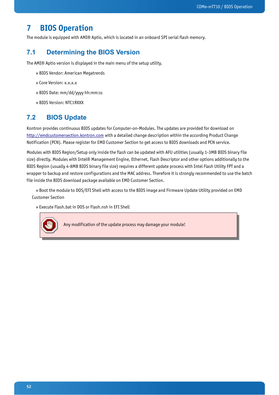 7 bios operation, 1 determining the bios version, 2 bios update | Bios operation, Determining the bios version, Bios update | Kontron COMe-mTT10 User Manual | Page 52 / 94