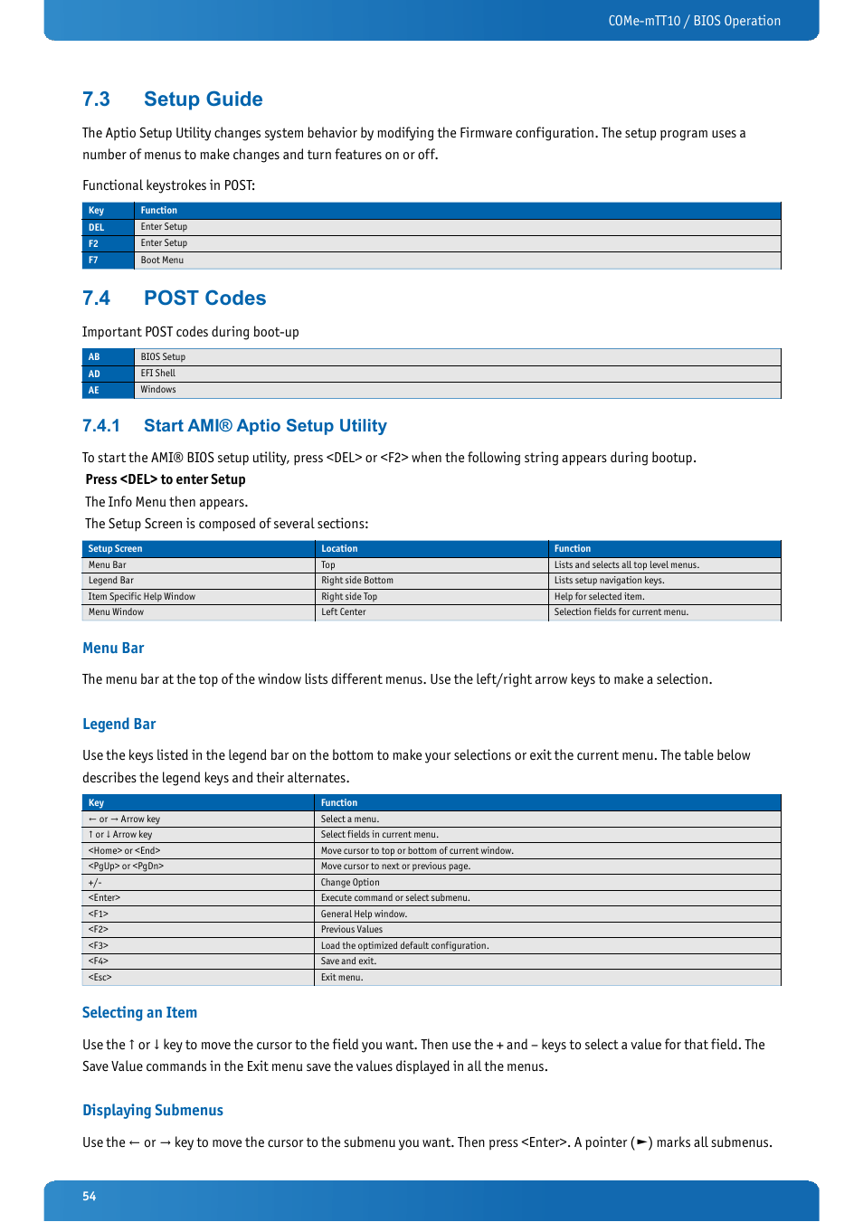 3 setup guide, 4 post codes, 1 start ami® aptio setup utility | Menu bar, Legend bar, Selecting an item, Displaying submenus, Setup guide, Post codes, Start ami® aptio setup utility | Kontron COMe-mTT10 User Manual | Page 54 / 94