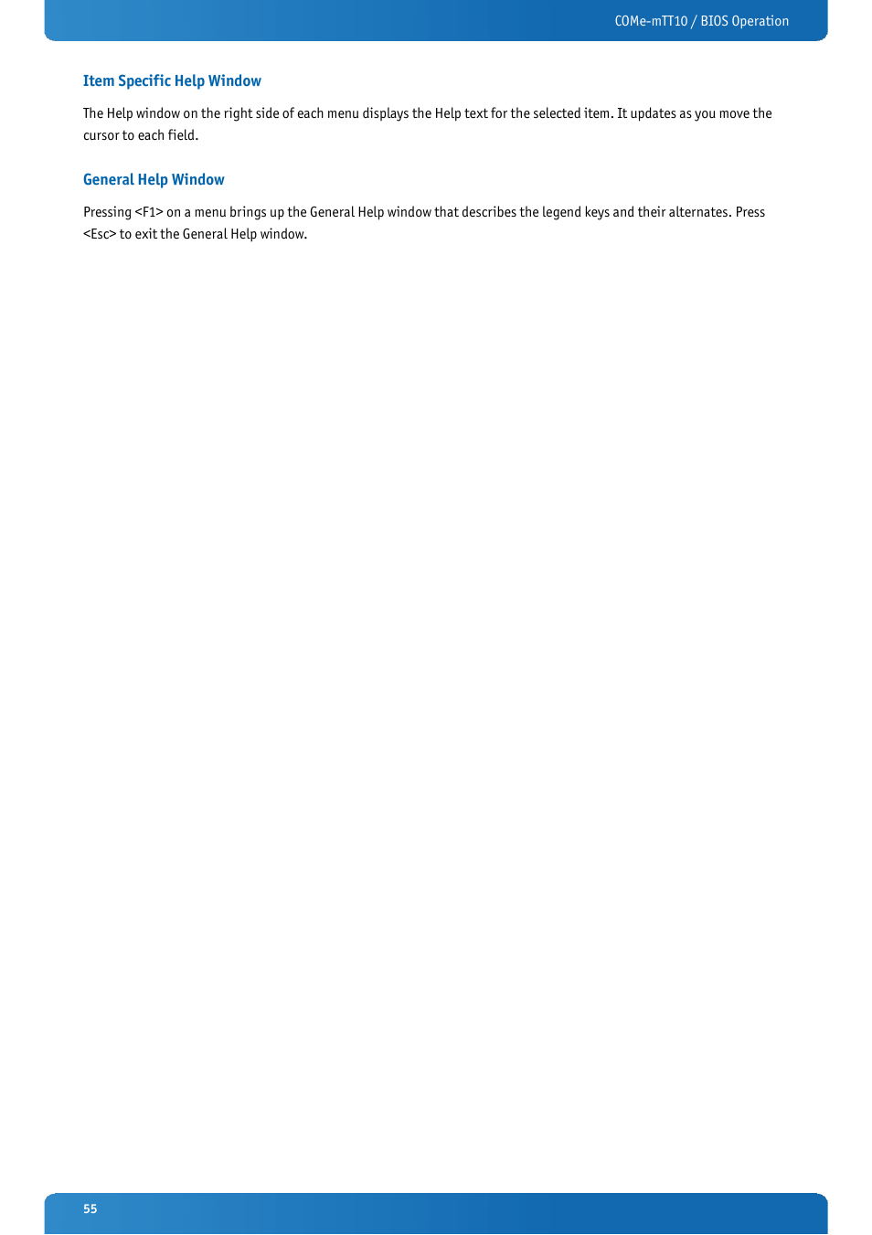 Item specific help window, General help window | Kontron COMe-mTT10 User Manual | Page 55 / 94