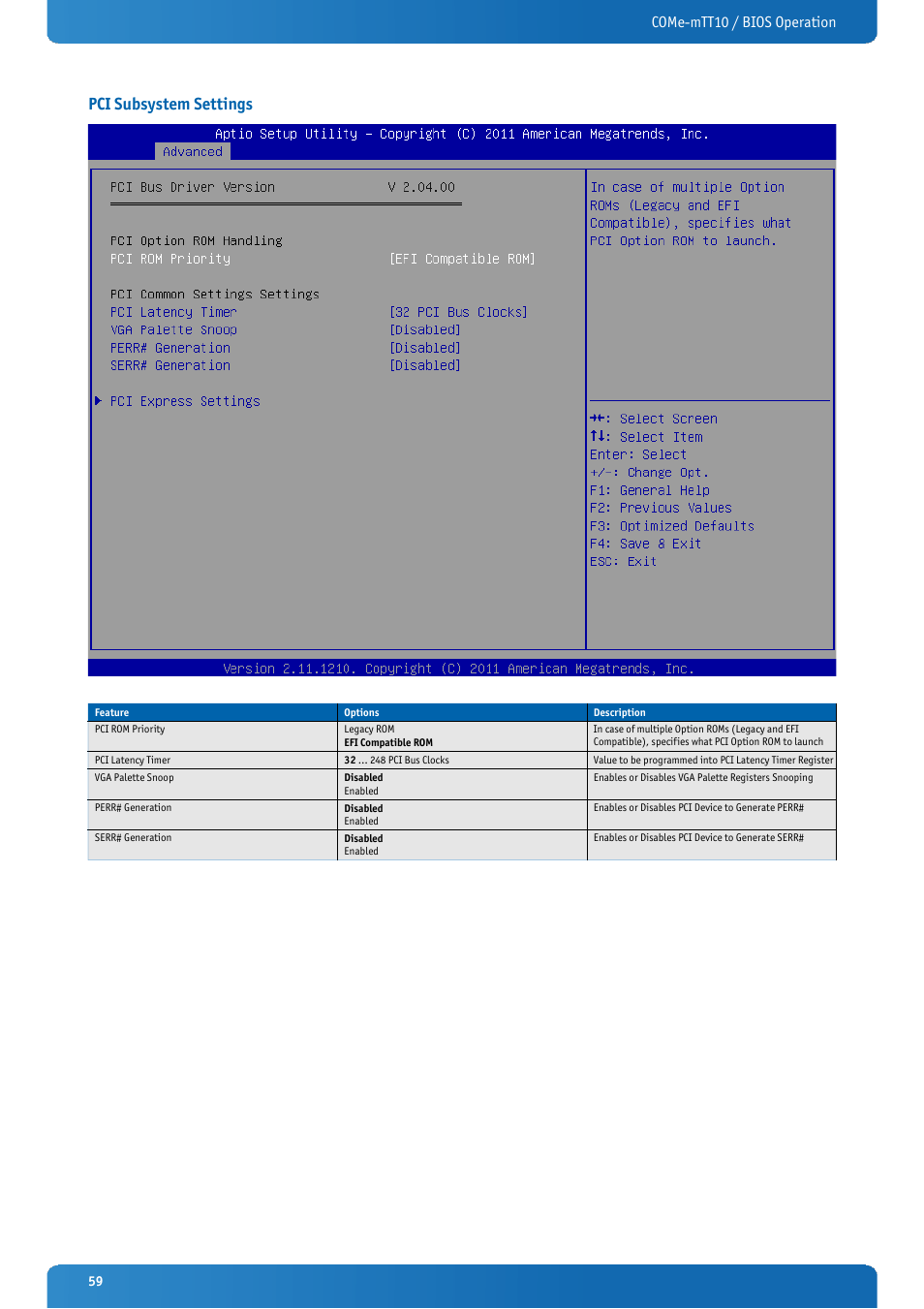 Pci subsystem settings, Come-mtt10 / bios operation | Kontron COMe-mTT10 User Manual | Page 59 / 94