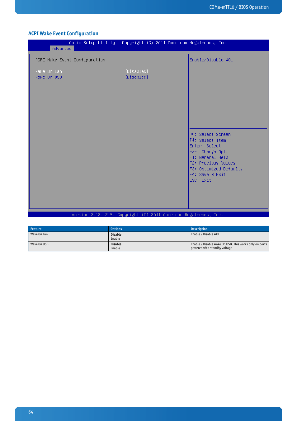 Acpi wake event configuration, Come-mtt10 / bios operation | Kontron COMe-mTT10 User Manual | Page 64 / 94