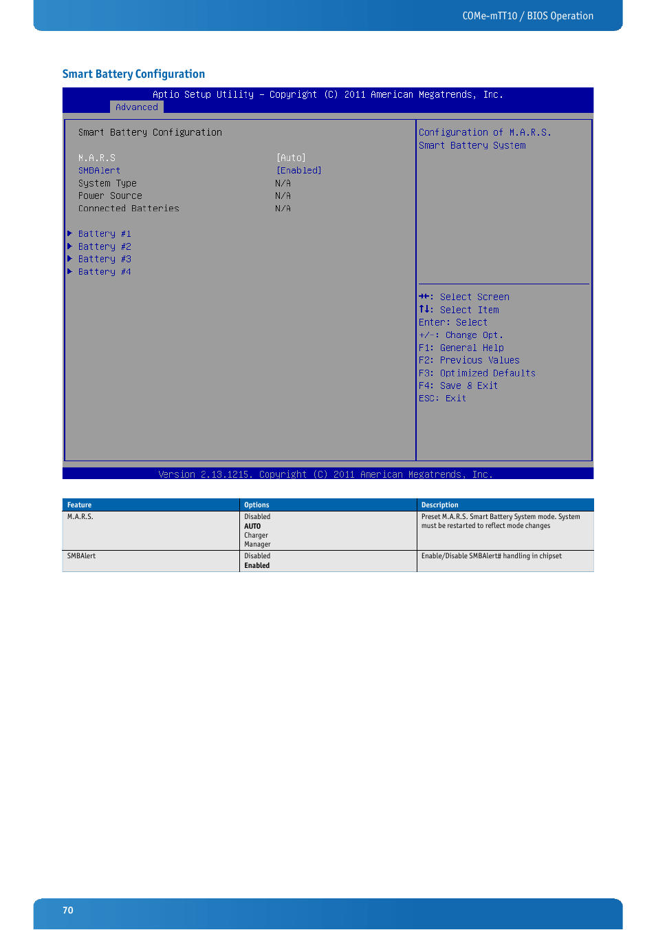 Smart battery configuration, Come-mtt10 / bios operation | Kontron COMe-mTT10 User Manual | Page 70 / 94