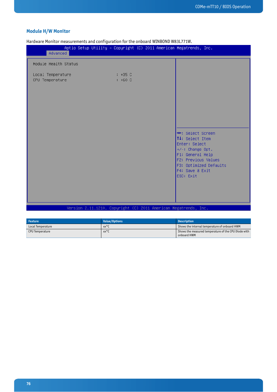 Module h/w monitor, Come-mtt10 / bios operation | Kontron COMe-mTT10 User Manual | Page 76 / 94