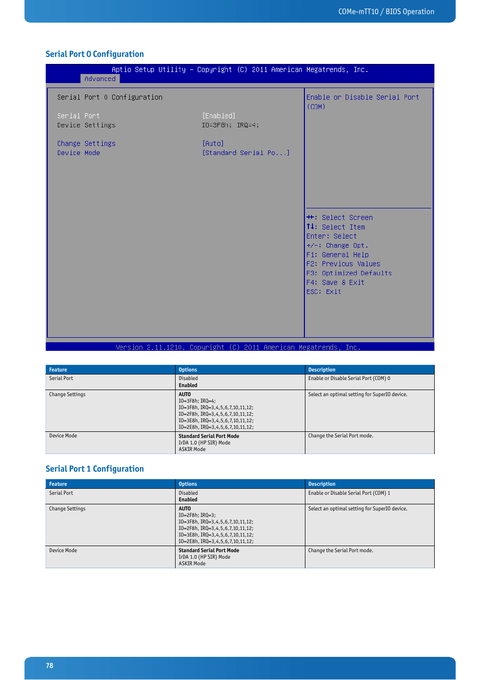 Serial port 0 configuration, Serial port 1 configuration, Come-mtt10 / bios operation | Kontron COMe-mTT10 User Manual | Page 78 / 94