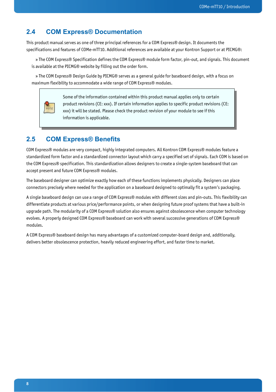 4 com express® documentation, 5 com express® benefits, Com express® documentation | Com express® benefits | Kontron COMe-mTT10 User Manual | Page 8 / 94