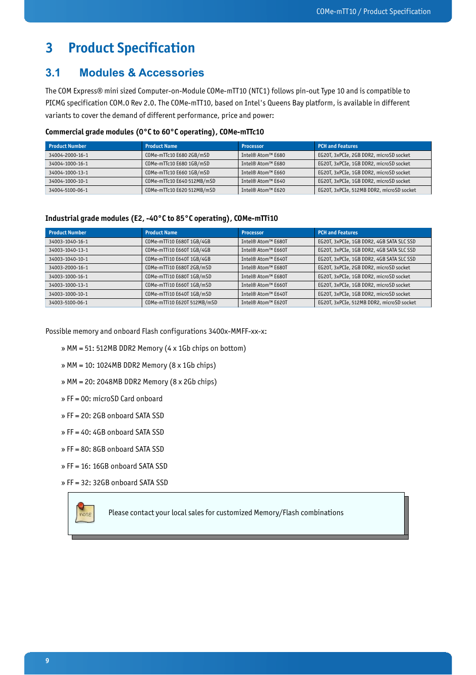 3 product specification, 1 modules & accessories, Product specification | Modules & accessories, Come-mtt10 / product specification | Kontron COMe-mTT10 User Manual | Page 9 / 94