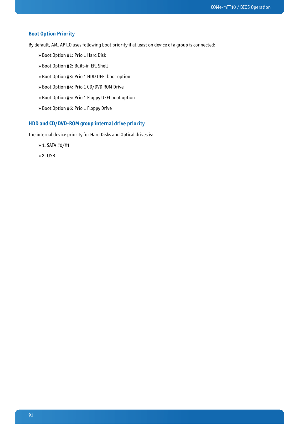 Boot option priority, Hdd and cd/dvd-rom group internal drive priority | Kontron COMe-mTT10 User Manual | Page 91 / 94