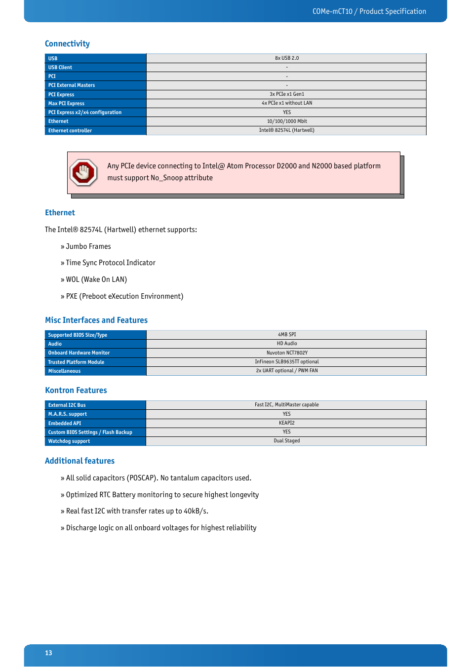 Connectivity, Ethernet, Misc interfaces and features | Kontron features, Additional features | Kontron COMe-mCT10 User Manual | Page 13 / 100